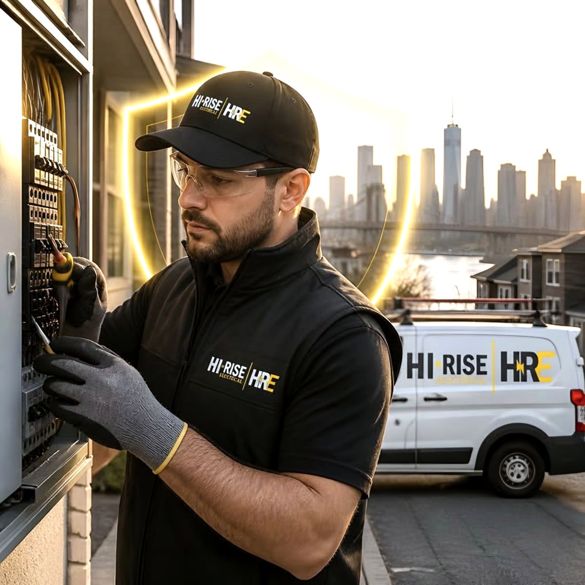 Electrician in branded cap and vest at panel, branded van and skyline behind