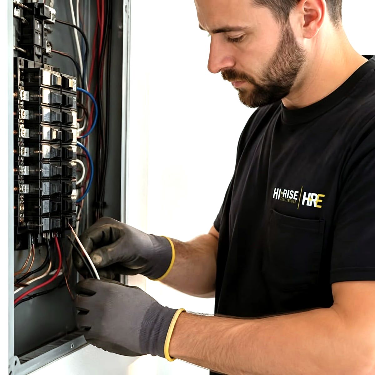 Electrician in Hi-Rise HRE shirt wiring a breaker panel